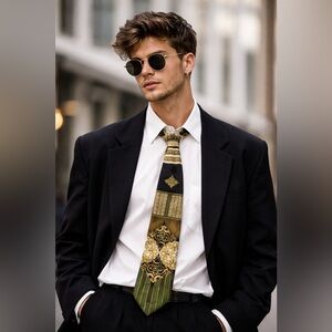 Avanzini 100% Silk Tie Handmade Italy Baroque Gold Green Luxury Designer